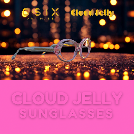 “Cloud Jelly Rose sunglasses with jelly pink frame featured in a golden bokeh background, highlighting artistic elegance and modern design”